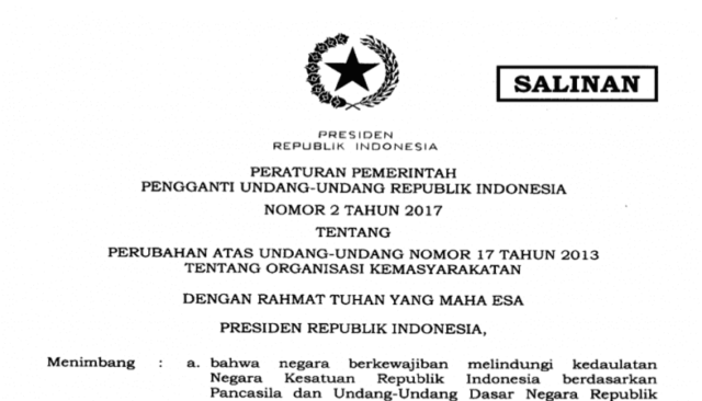 Inilah Perppu No. 2/2017 tentang Perubahan UU No. 17/2013 tentang Organisasi Kemasyarakatan