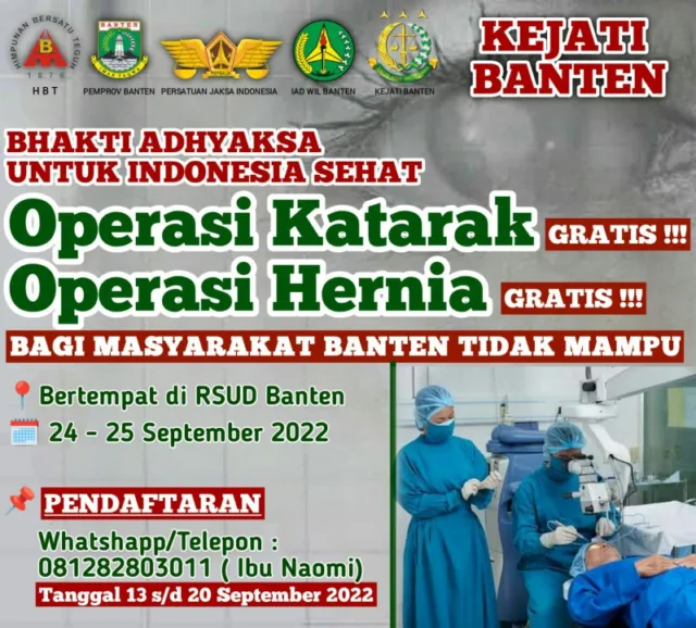 Info operasi katarak dan hernia gratis program Kejati Banten.