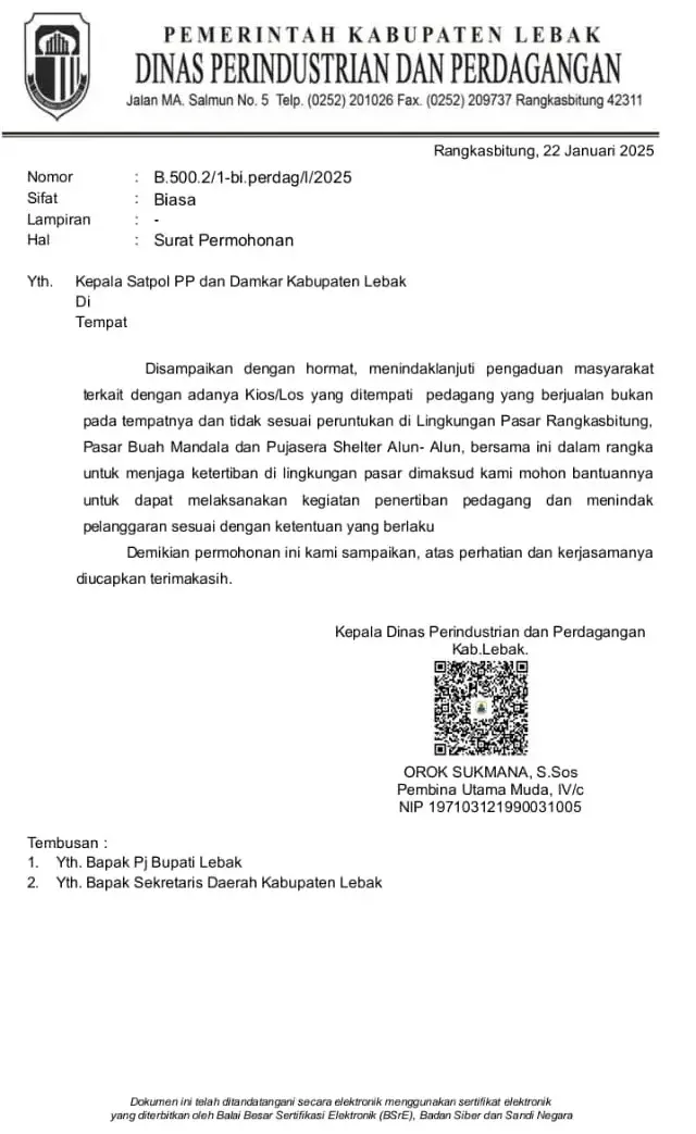 Surat Permohonan Disperindag kepada Kepala Satpol PP Kabupaten Lebak, prihal Penertiban Kios digunakan Sekretariat Ormas, pada Rabu (29/01/2025).