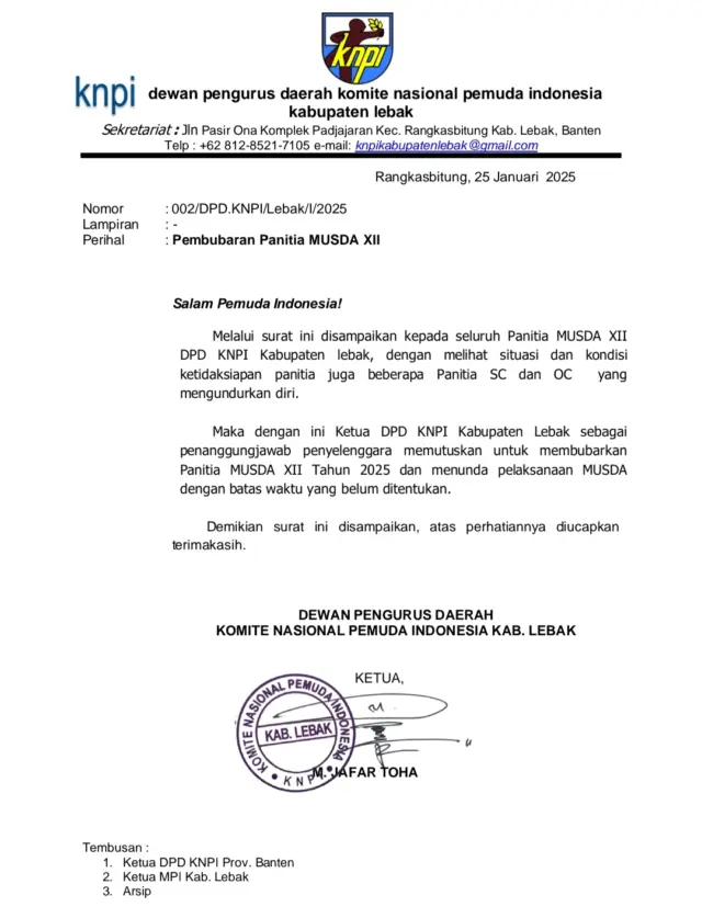 Beredar surat pembubaran Musda XII yang dilakukan oleh Ketua DPD KNPI Kabupaten Lebak, pada Minggu, 26/01/2025.