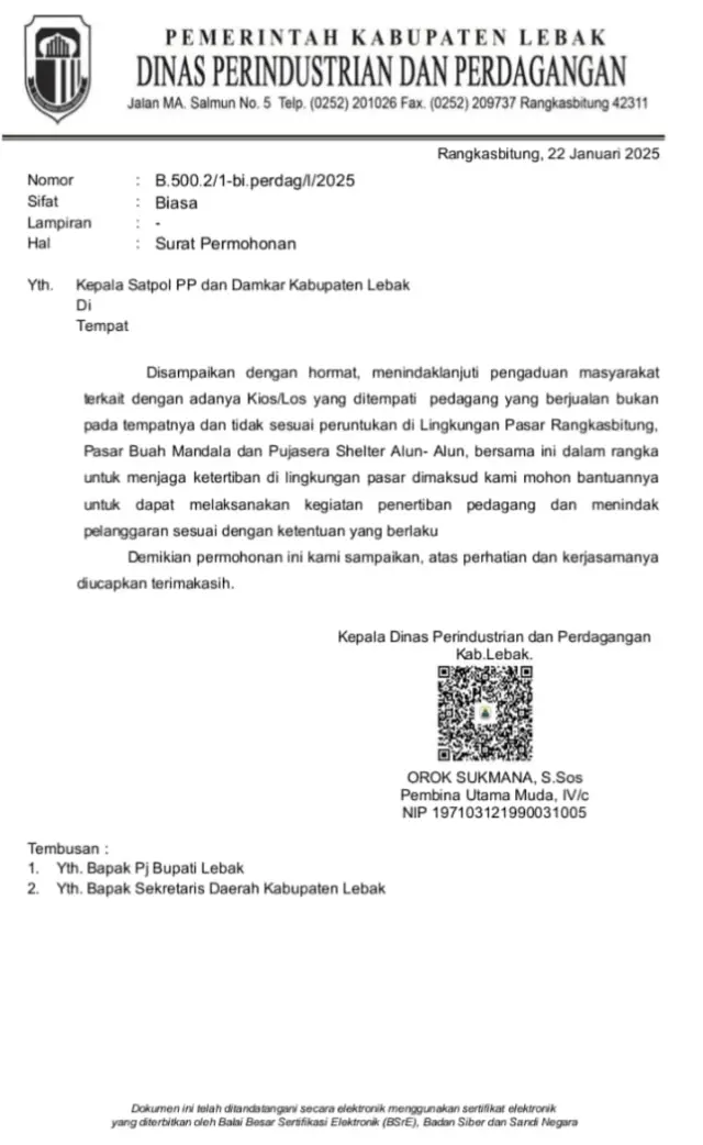 Surat Disperindag Kabupaten Lebak meminta Satpol PP tertibkan bangunan yang bukan peruntukan dagang, pada Sabtu (01/02/2025).