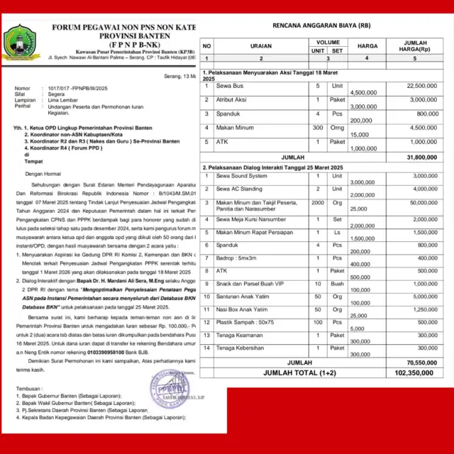 Isi surat Forum Non PNS Non Kategori Provinsi Banten yang meminta iuran pada Jum'at (14/03/2025).